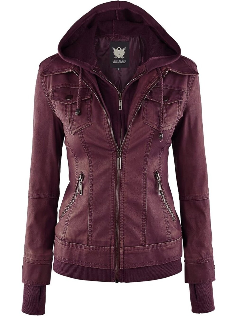 Women's Wine Red Faux Leather Removable Hoodie Zipper Quilted Moto Biker Jacket